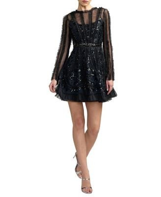 Mac Duggal Long Sleeve Sequin Ruffle Mini Dress