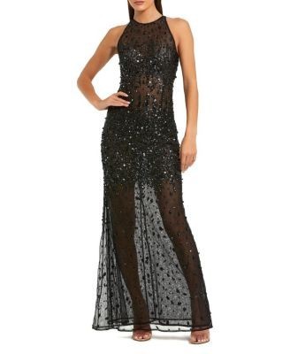 Mac Duggal Beaded Mesh Sleeveless High Neck Fitted Gown