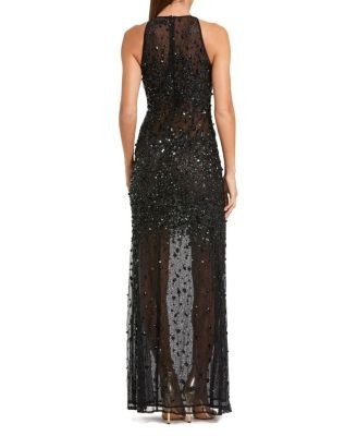 Mac Duggal Beaded Mesh Sleeveless High Neck Fitted Gown