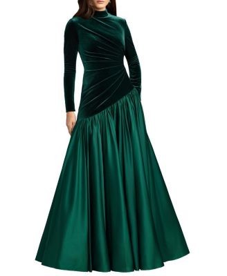 Mac Duggal Velvet Long Sleeve Mock Neck Charmeuse Skirt Gown