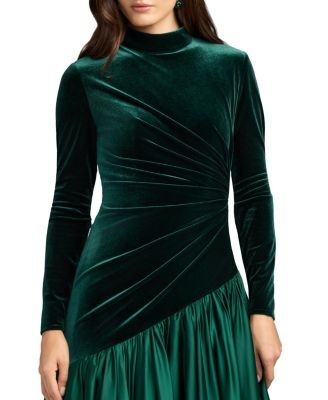 Mac Duggal Velvet Long Sleeve Mock Neck Charmeuse Skirt Gown