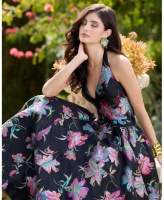 Mac Duggal Floral Brocade Halter Neck Open Back Midi Dress