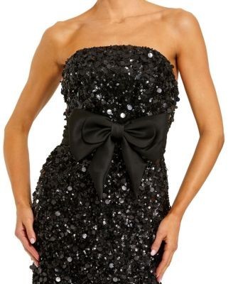 Mac Duggal Petite Strapless Sequin Column Gown with Velvet Bow