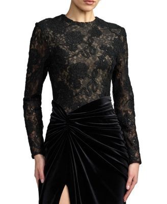 Mac Duggal Petite Lace Long Sleeve Ruched Velvet Gown