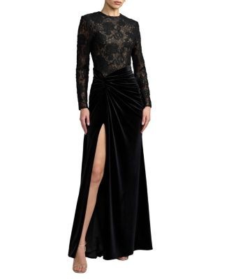 Mac Duggal Petite Lace Long Sleeve Ruched Velvet Gown