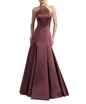 Mac Duggal Beaded Satin Collared Neck Sleeveless Godet Gown