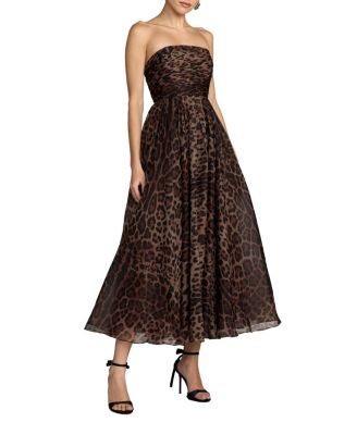 Mac Duggal Leopard Strapless A-Line Chiffon Midi Dress