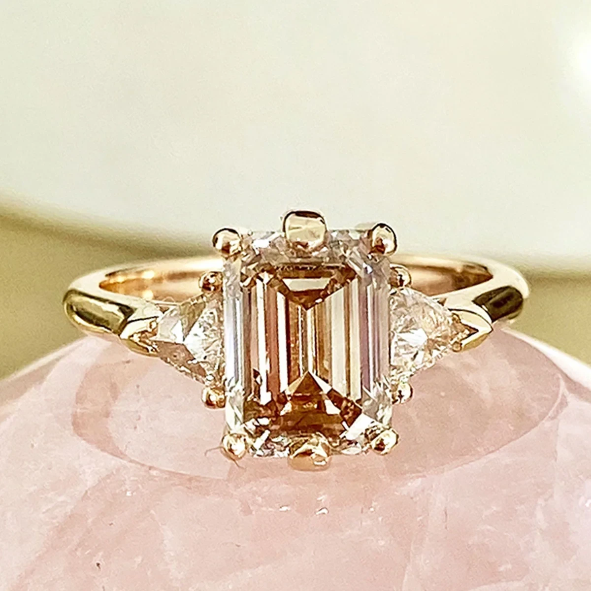 Bea Three Stone Ring - Yellow Gold & Emerald Cut Champagne Diamond