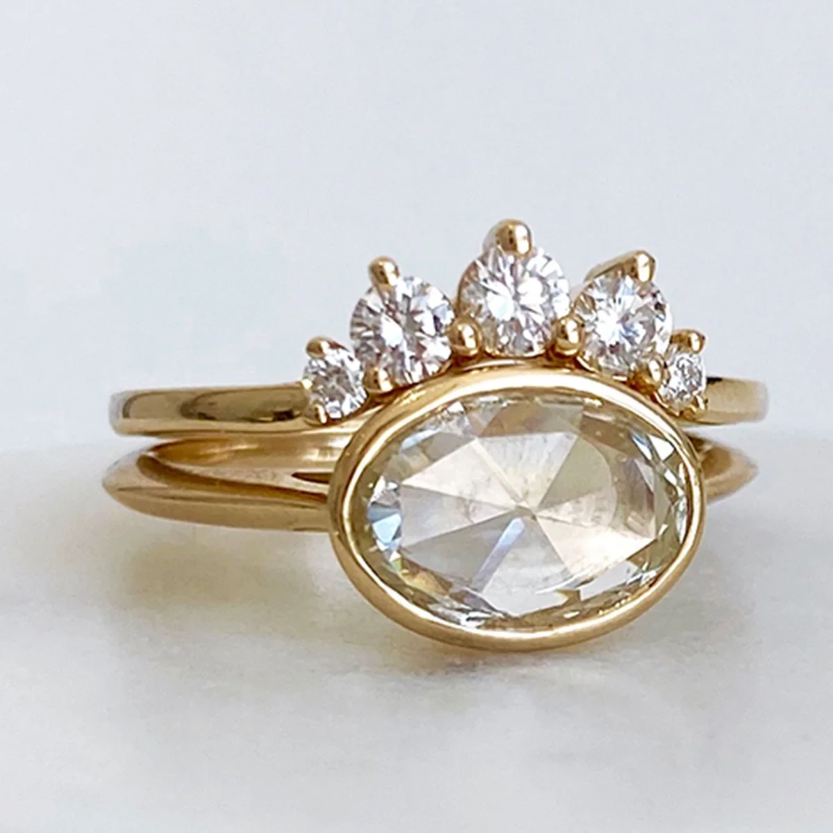 Bezel Set Oval Rosette Ring - Yellow Gold & Rose Cut Champagne Diamonds