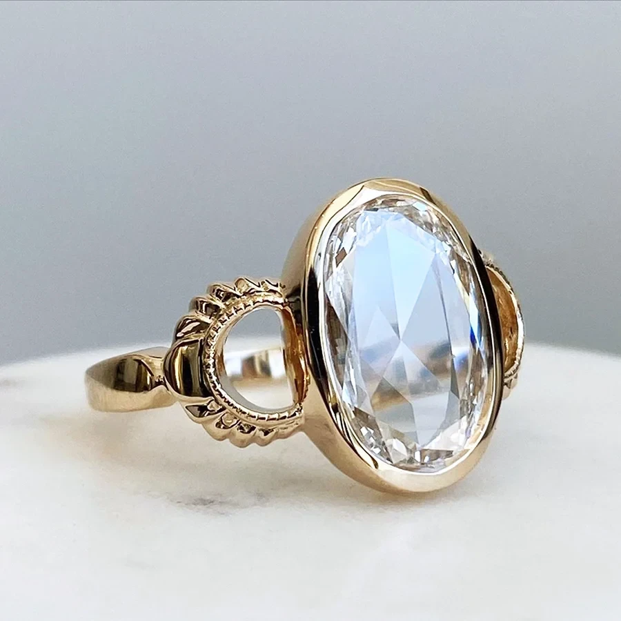 Custom Large Ring - Yellow Gold & Rose Cut White Diamond