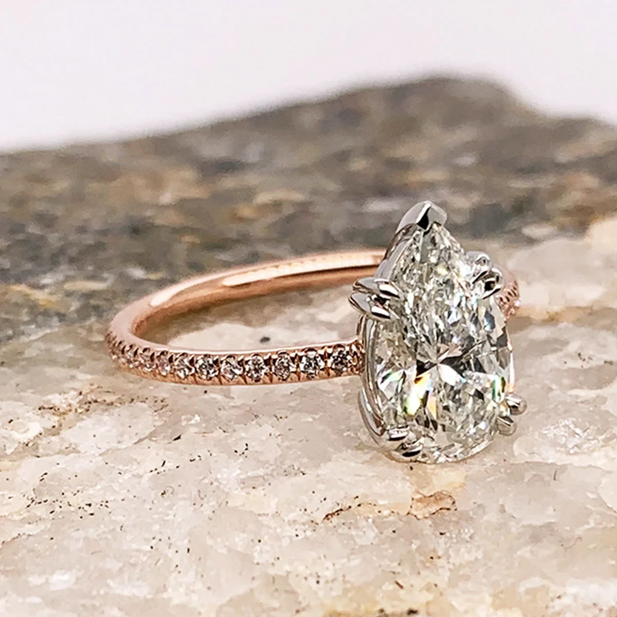 Eleonore Pear Solitaire Ring - White and Rose Gold Setting & Brilliant White Diamond