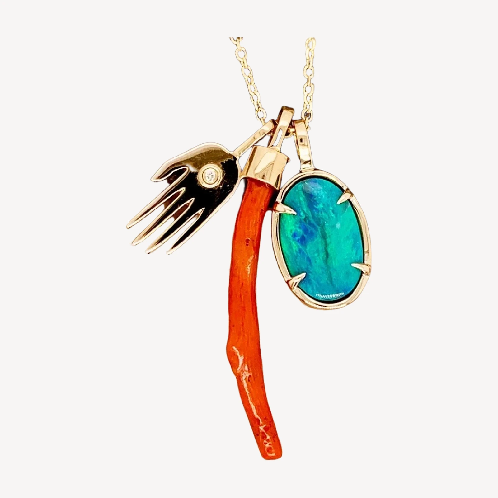 Custom Talisman Necklace - Yellow Gold, Coral & Opal Claw Prong Charm