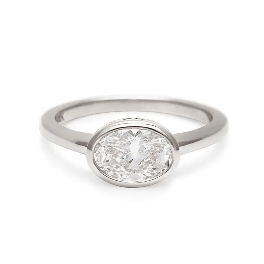 East/West Oval Bezel Rosette Ring - 14k Gold & Lab White Diamond