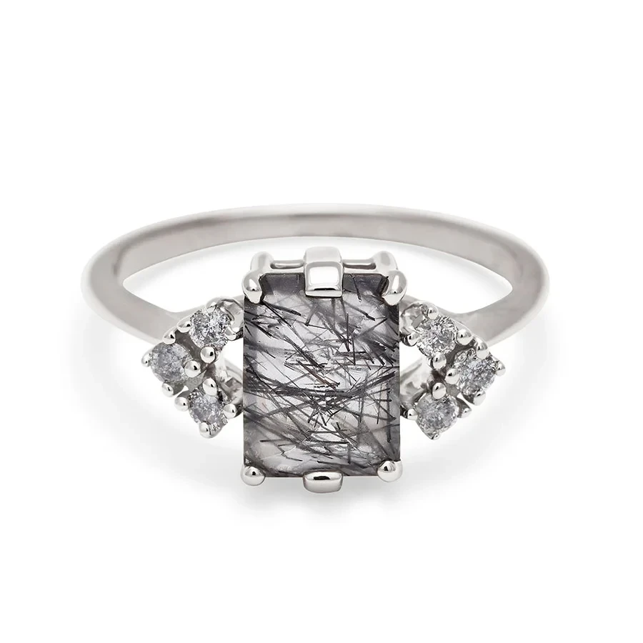 Bea Arrow Ring (Medium) - 14k Gold, Black Rutilated Quartz & Diamonds
