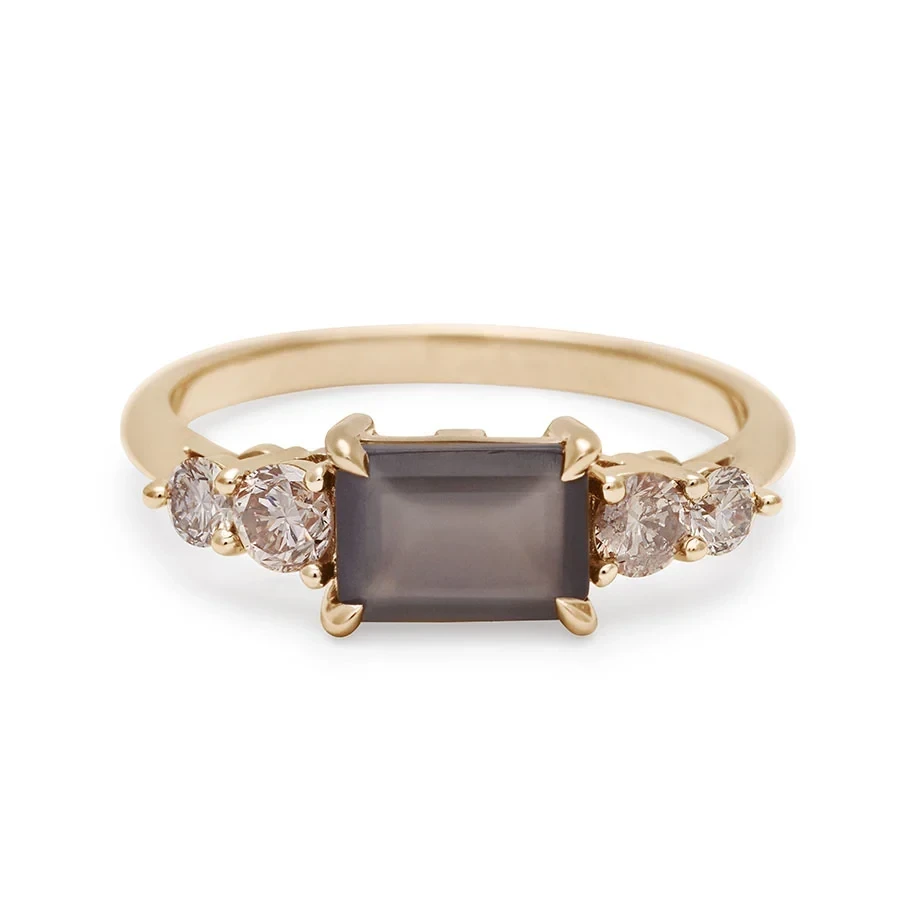 Bea Five Stone Ring - Yellow Gold, Grey Moonstone (7x5mm) & Champagne Diamonds