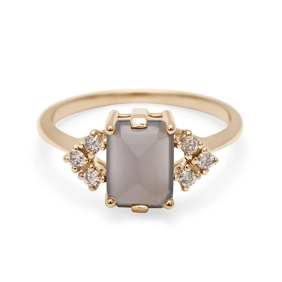 Bea Arrow Ring (Medium) - Yellow Gold, Grey Moonstone & Champagne Diamonds (Size 6)