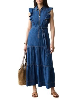 Mint Velvet Women's Denim Ruffle Maxi Shirt Dress