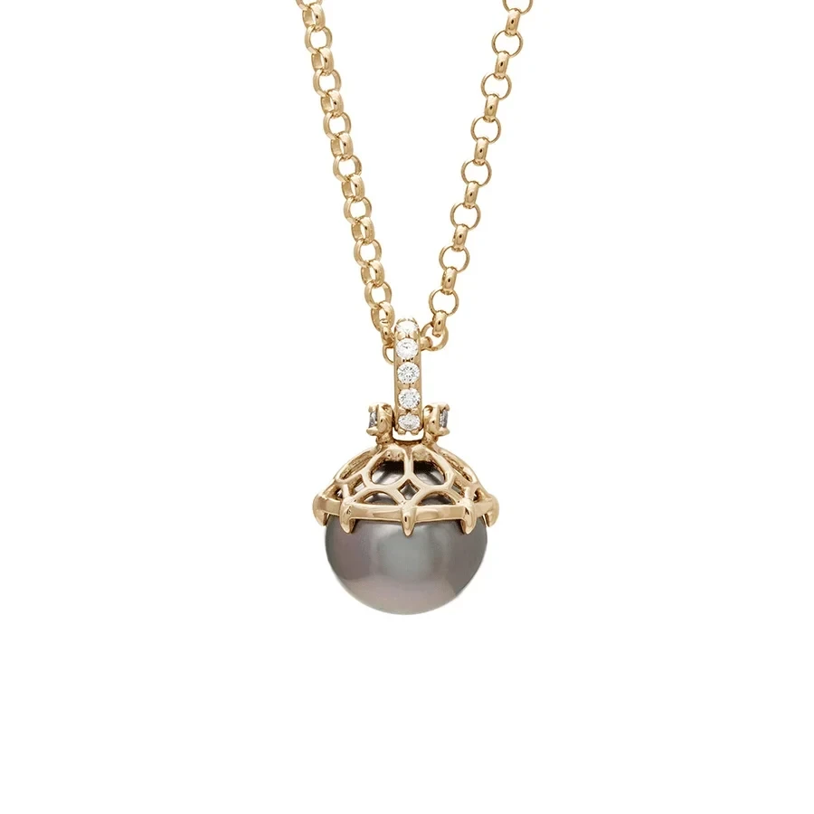 Emma Lace Cap Pearl Pendant - 14k Yellow Gold, Pearl (9.5mm), Grey & White Diamond