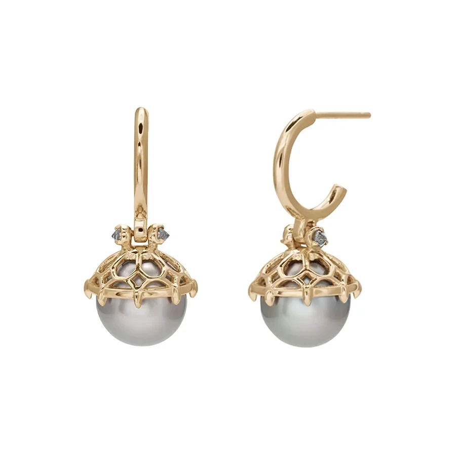 Emma Lace Cap Pearl Hoops - 14k Yellow Gold, Pearl (8.3mm) & Grey Diamonds