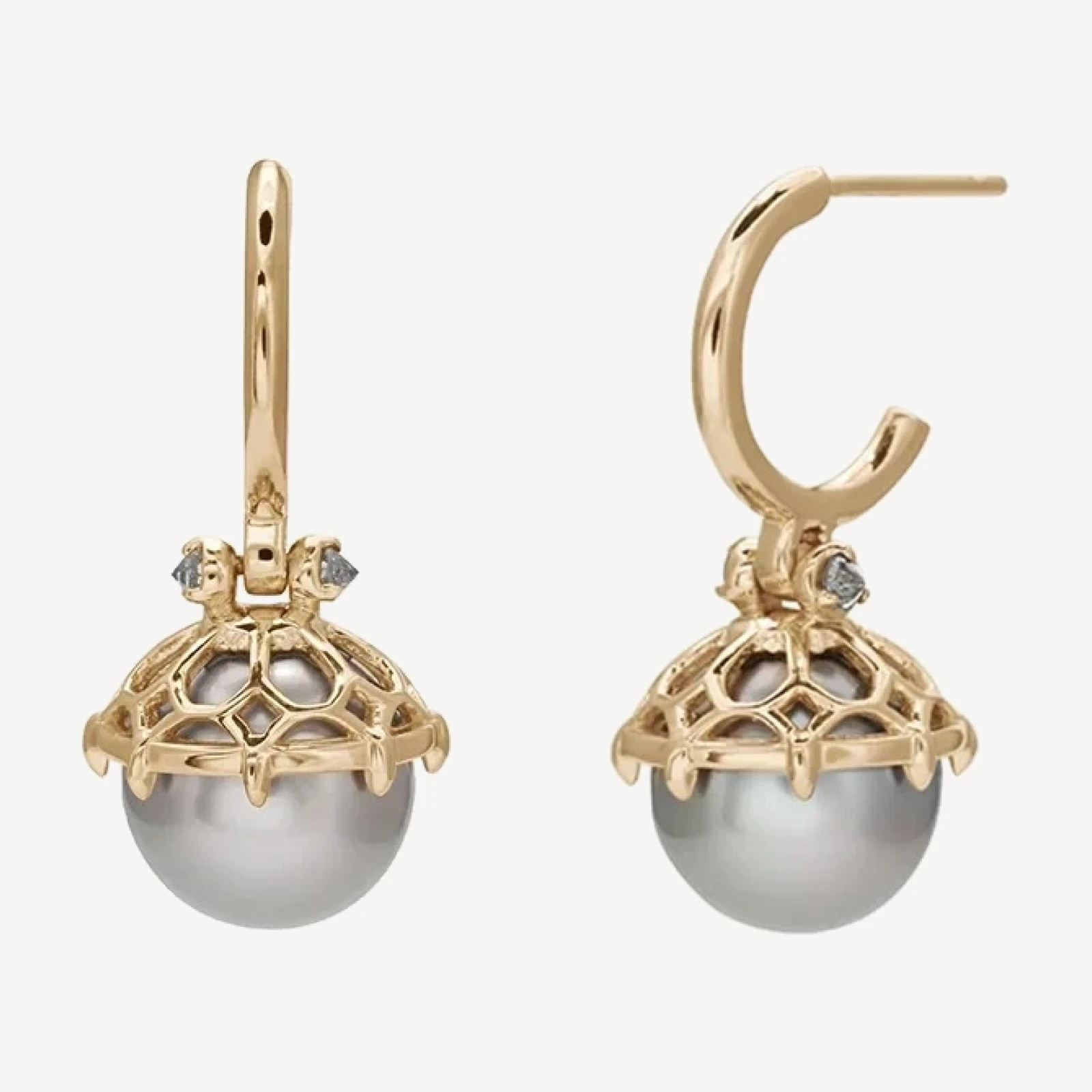 Emma Lace Cap Pearl Hoops - 14k Yellow Gold, Pearl (8.3mm) & Grey Diamonds