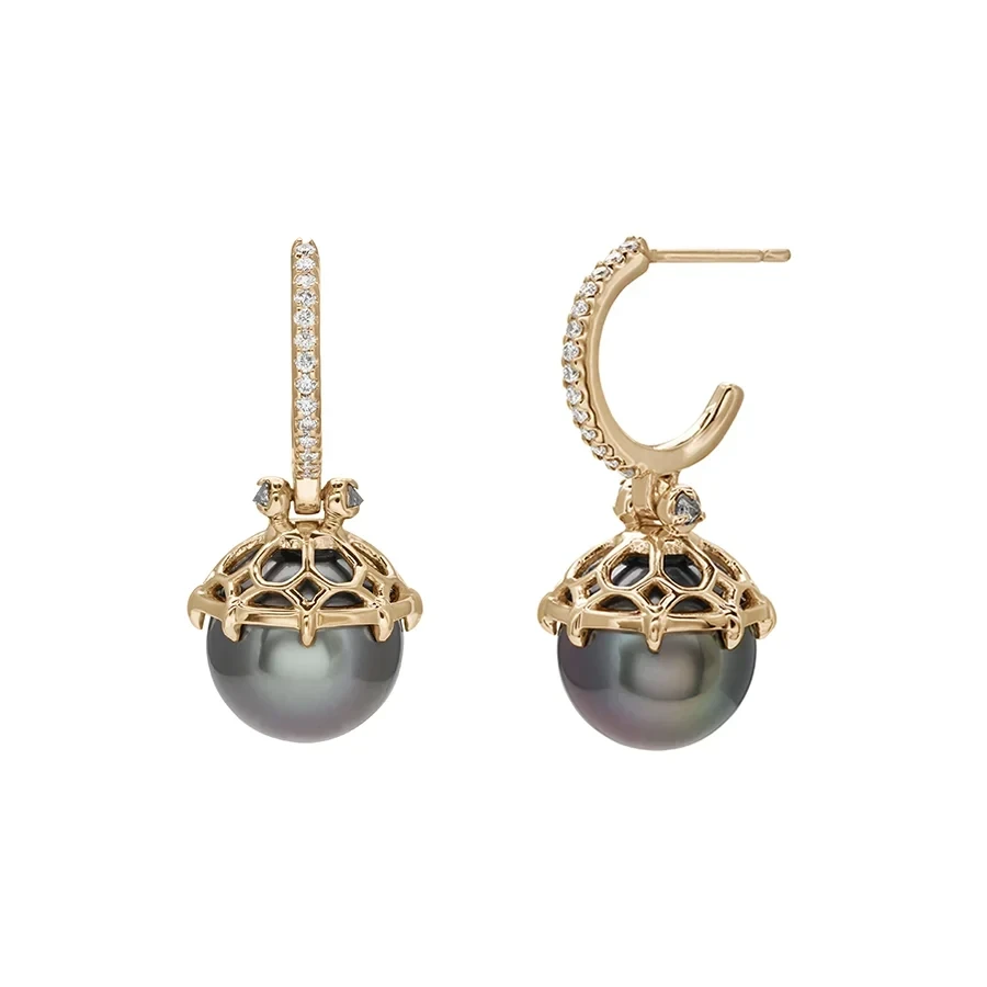 Emma Lace Cap Pearl Pave Hoops (PAIR) - 14k Yellow Gold, Pearl (9.5mm), Grey & White Diamonds