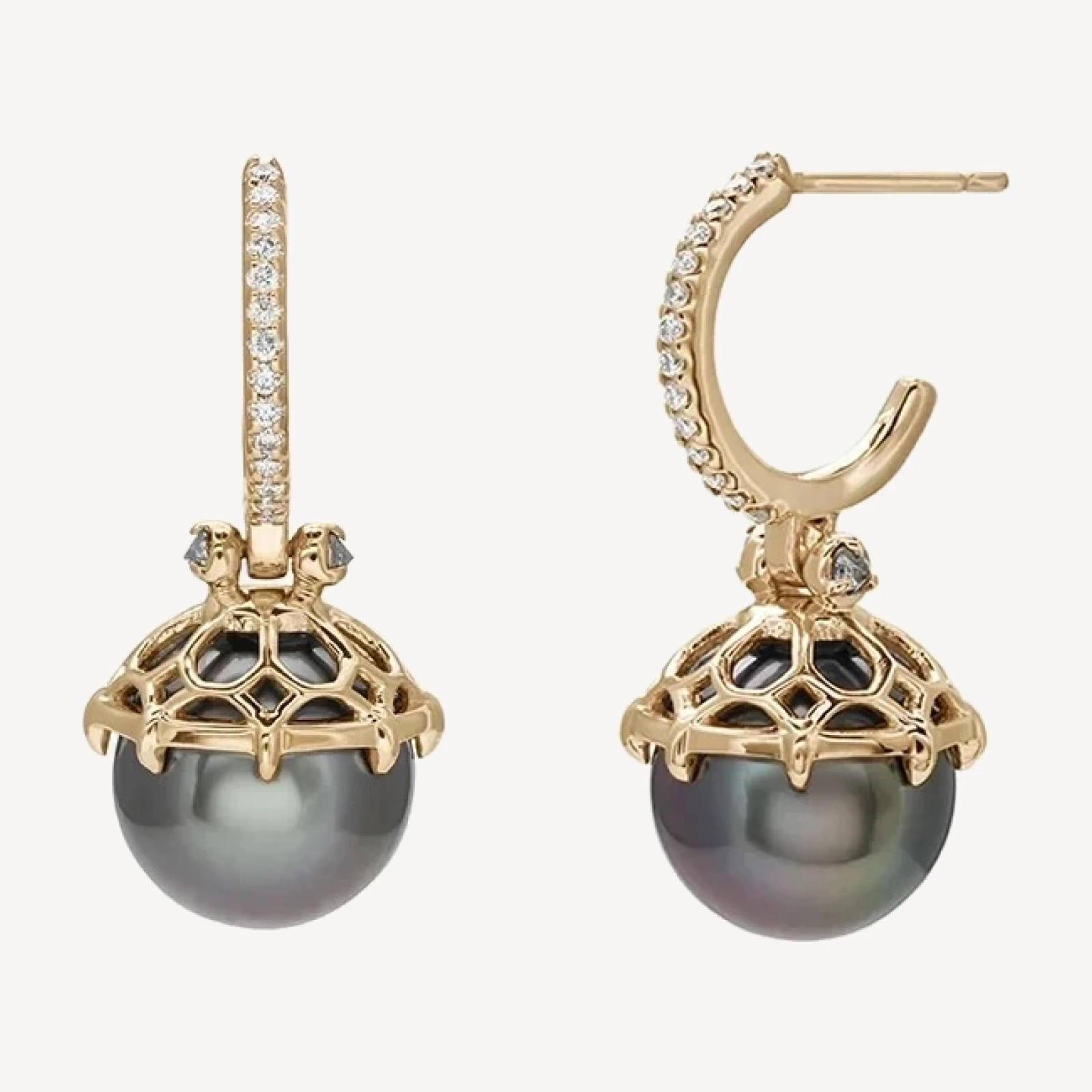 Emma Lace Cap Pearl Pave Hoops (PAIR) - 14k Yellow Gold, Pearl (9.5mm), Grey & White Diamonds