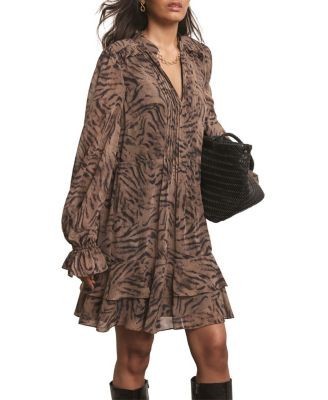 Mint Velvet Women's Long Sleeve Printed Ruffle Mini Dress
