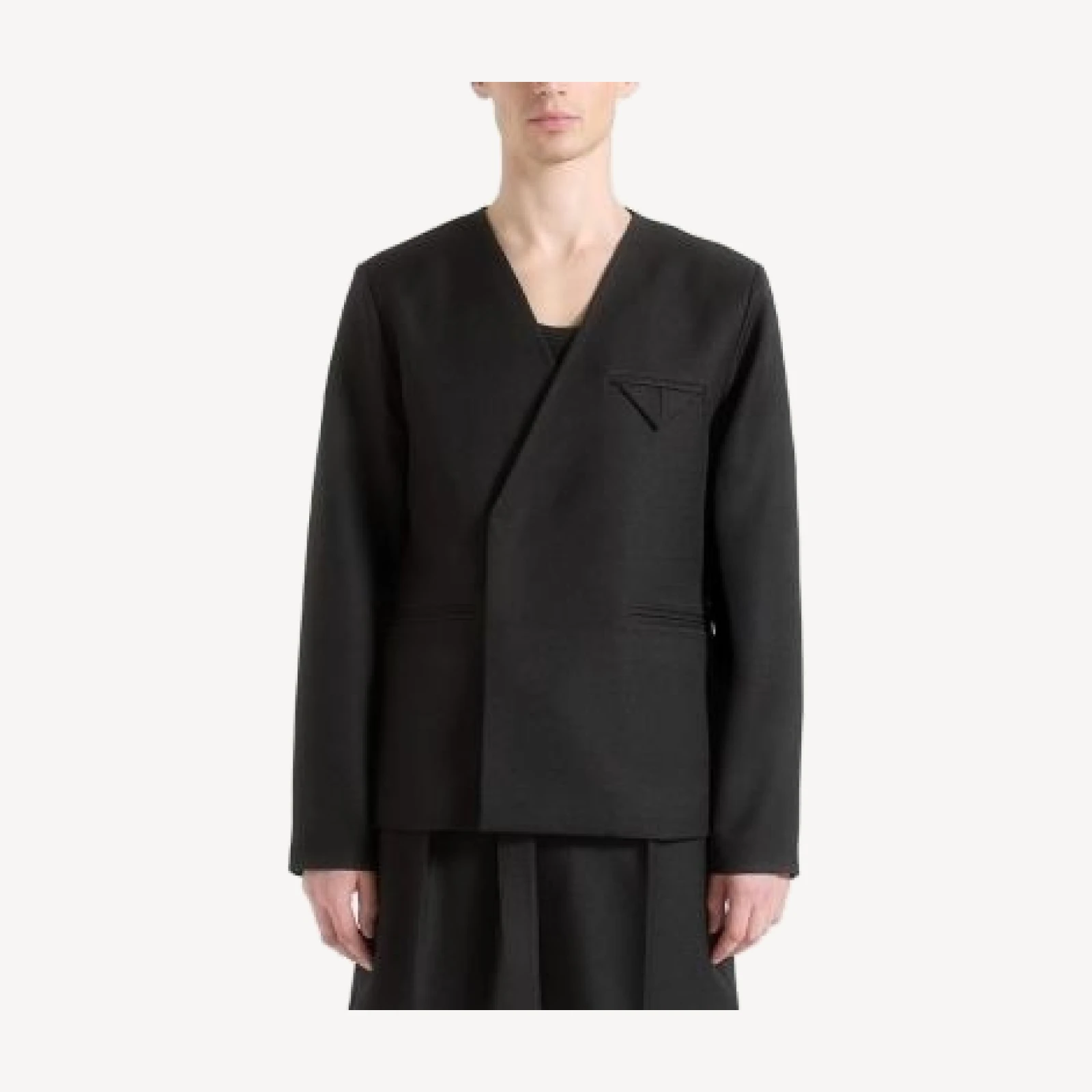 Maniere De Voir Colin Collarless Double Breasted Minimal Blazer
