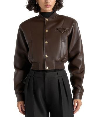 Maniere De Voir Zina Leather Wide Shoulder Bomber Jacket