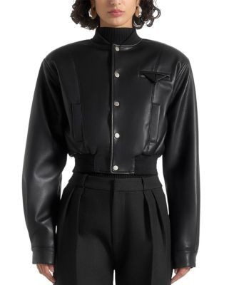 Maniere De Voir Zina Leather Wide Shoulder Bomber Jacket