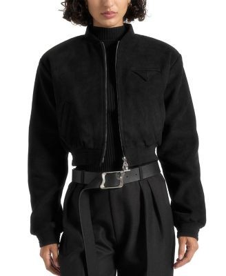 Maniere De Voir Monique Suede Wide Shoulder Bomber Jacket