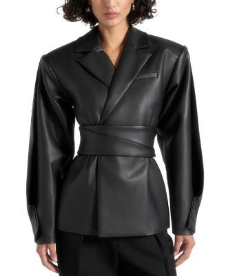 Maniere De Voir Marie Twist Sleeve Leather Blazer with Belt