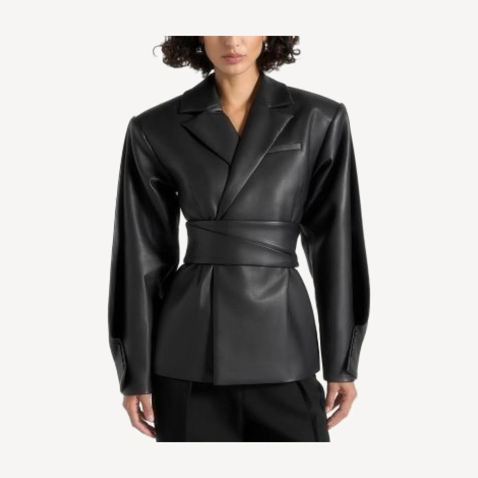 Maniere De Voir Marie Twist Sleeve Leather Blazer with Belt