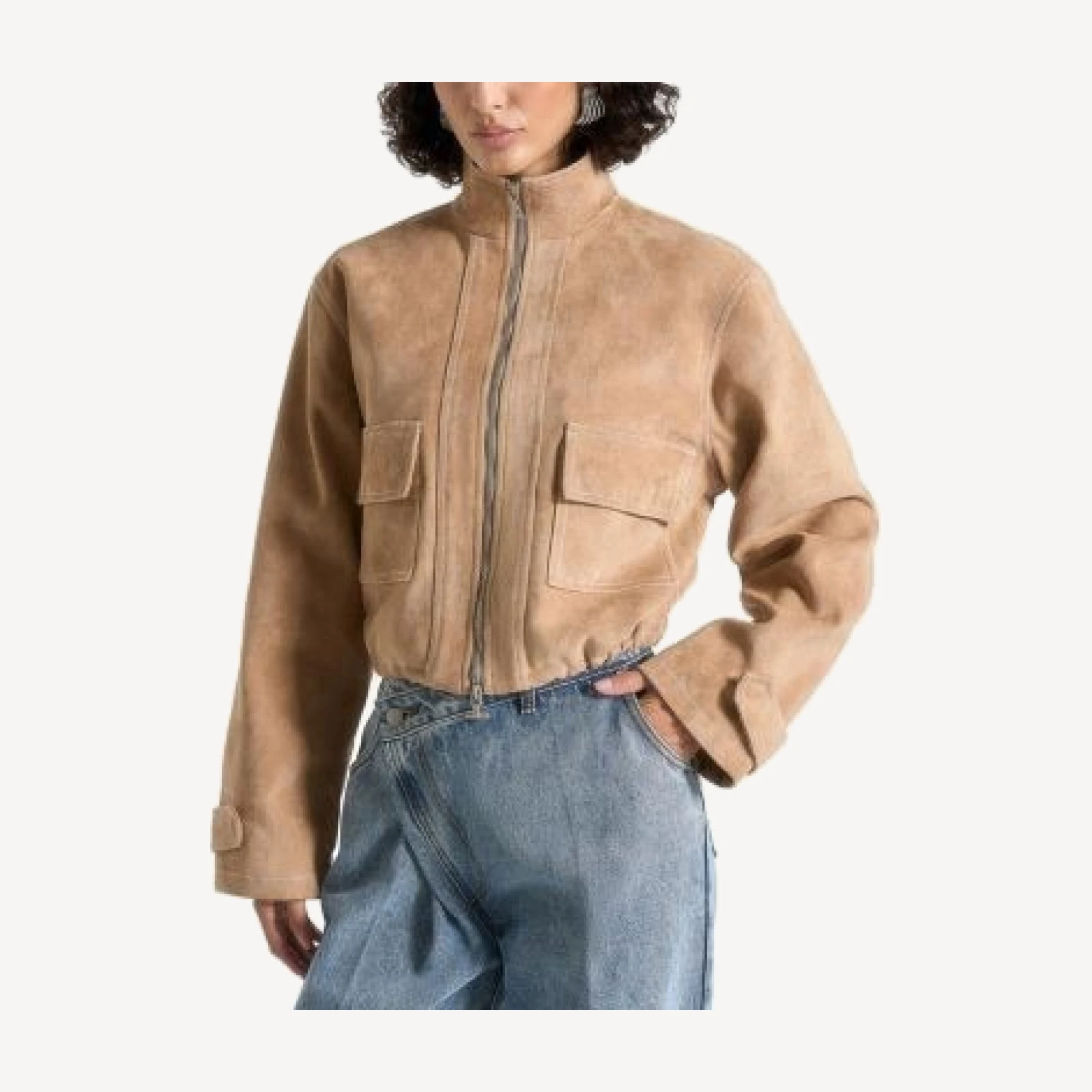 Maniere De Voir Nawel Suede Contrast Stitch Jacket with Cinched Hem