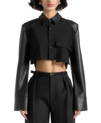 Maniere De Voir Bernadette Leather Contrast Cropped Shirt