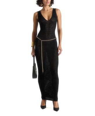 Maniere De Voir Myriam Pointelle Plunge Maxi Dress with Chain