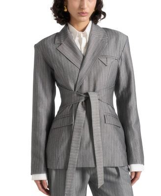 Maniere De Voir Delphine Pinstripe Wrap Tie Blazer