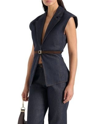 Maniere De Voir Linda Denim Wide Shoulder Cinched Waistcoat