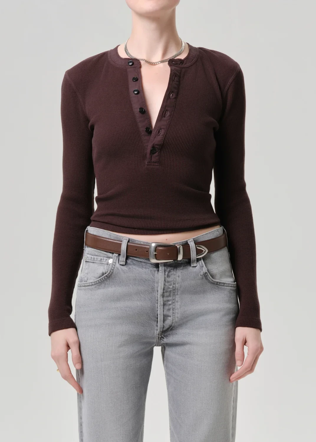 Drea Waffle Henley in Chocolate