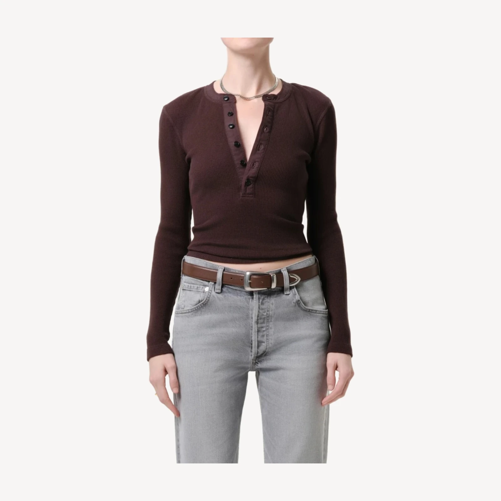 Drea Waffle Henley in Chocolate