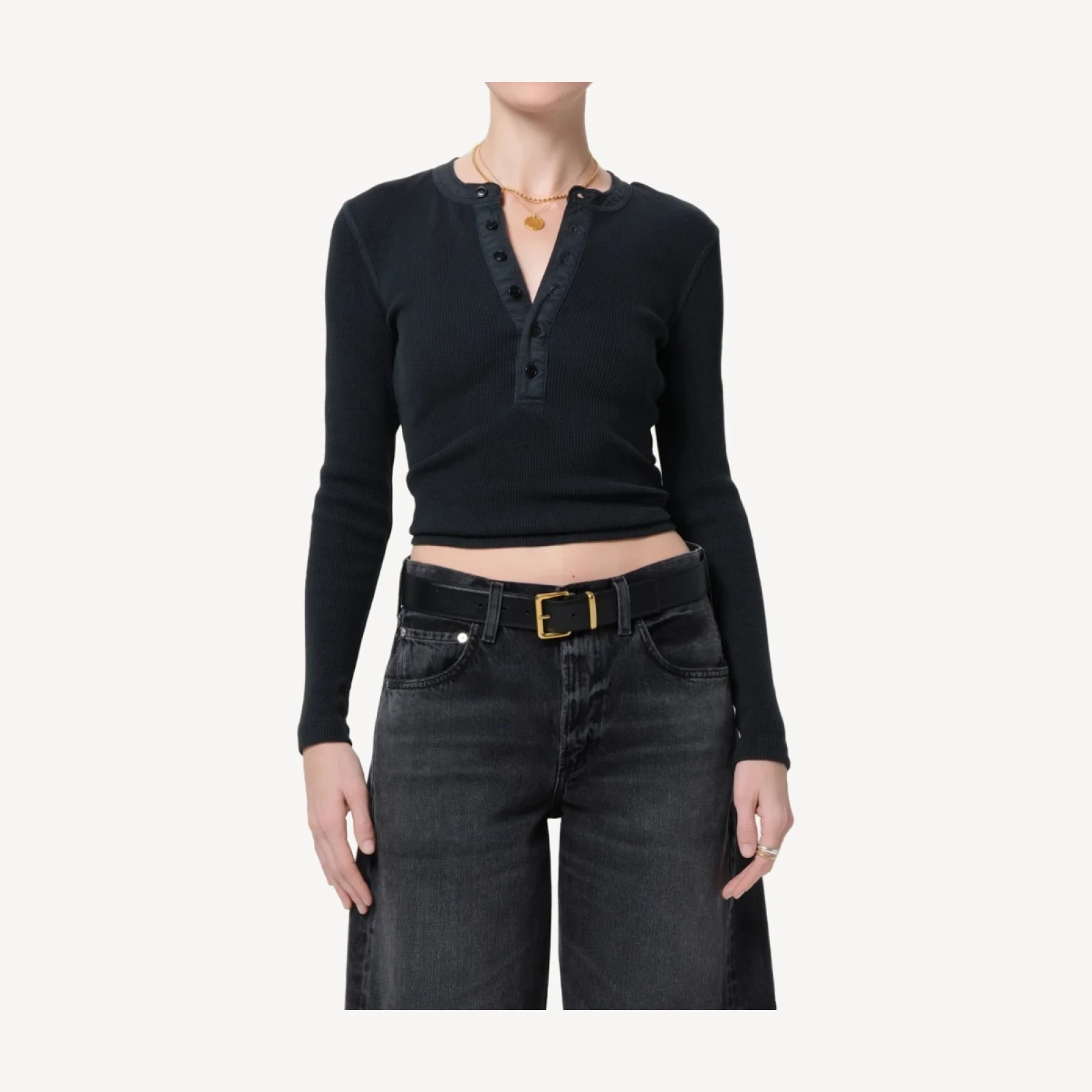 Drea Waffle Henley in Washed Black