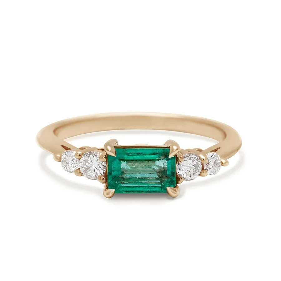 Bea Five Stone Ring - Yellow Gold, Emerald & White Diamonds