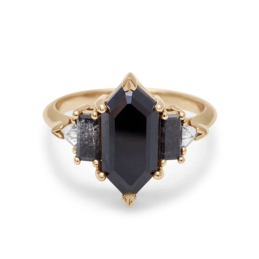 Theda Hex Ring - Yellow Gold & Black Diamond & Grey Diamond (3.13ct)