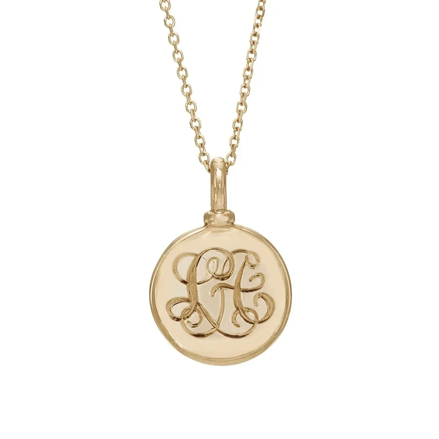 Engraved Interlocking Monogram Disk Charm Pendant - 14k Yellow Gold