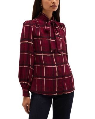 Hobbs London Aisha Plaid Tie Neck Blouse
