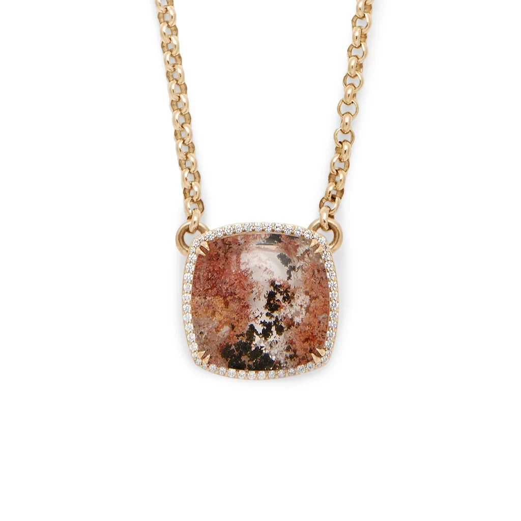 Terra Firma Cushion Halo Necklace - Yellow Gold, Cushion Quartz & White Diamonds