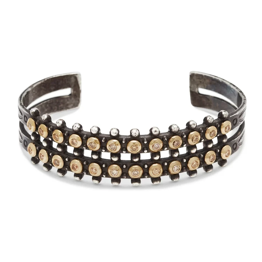 Lost 2 Row Snake Eyes Cuff - Sterling Silver, Yellow Gold & Champagne Diamond