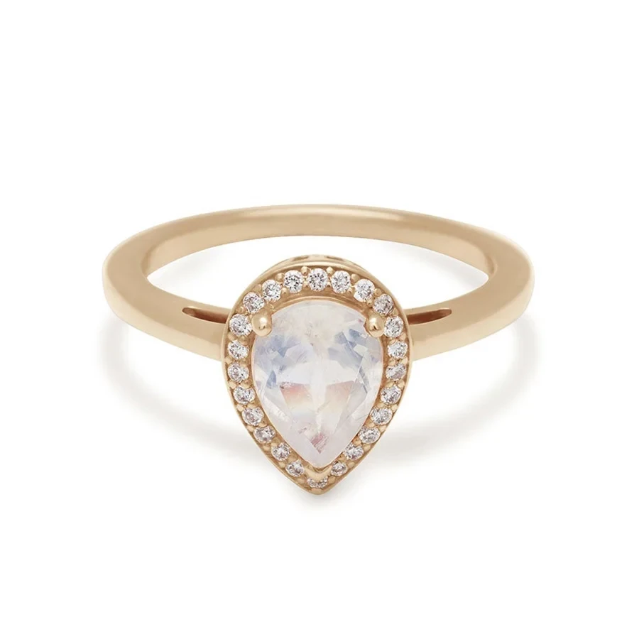 Pear Rosette Ring - Yellow Gold & Rainbow Moonstone (7x5mm)