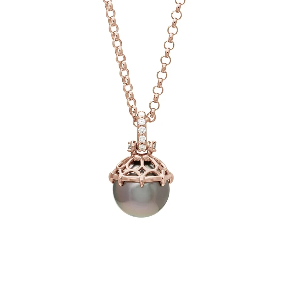 Emma Lace Cap Pearl Pendant - 14k Rose Gold, Pearl (10.5mm), Grey & White Diamond