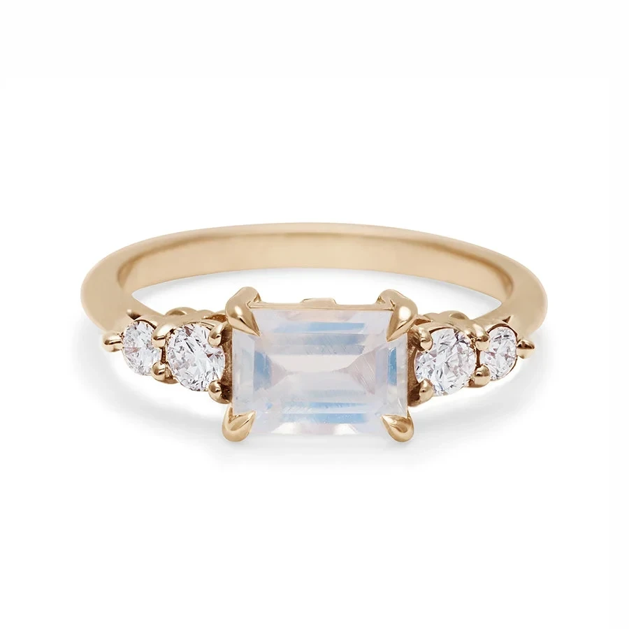Bea Five Stone Ring - Yellow Gold, Rainbow Moonstone (7x5mm) & White Diamonds